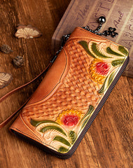 Handmade Brown Leather Wristlet Wallet Womens Floral Zip Around Wallets Flowers Ladies Zipper Clutch Wallet for Women