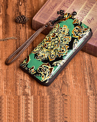 Handmade Womens Sunflower Green Leather Zip Around Wallet Wristlet Wallet Floral Ladies Zipper Clutch Wallet for Women