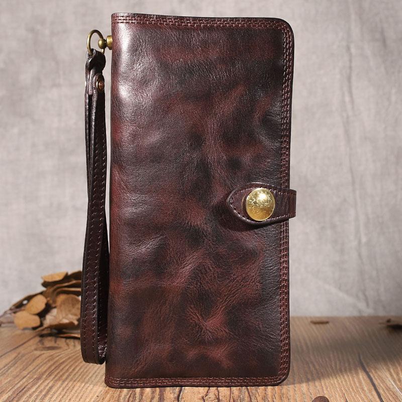 Cool Black Leather Mens Long Wallet Biker Wallet Chain Wallet Coffee Wristlet Clutch Wallet for Men