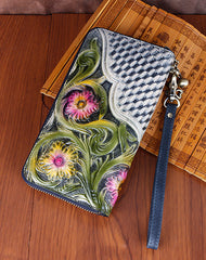 Handmade Vintage Flowers Floral Brown Leather Wristlet Wallet Womens Zip Around Wallets Flowers Ladies Zipper Clutch Wallet for Women
