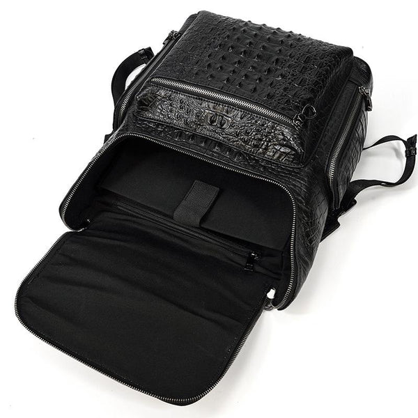 Black Crocodile Pattern Leather Men's 14 inches Computer Backpack Black Travel B FY03482066