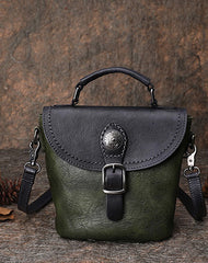 Vintage Leather Womens Bucket Green Shoulder Bag Handmade Barrel Crossbody Purse for Ladies