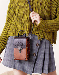 Brown Leather Womens Small Box Shoulder Bag Cube Small Handmade Handbag Purse for Ladies