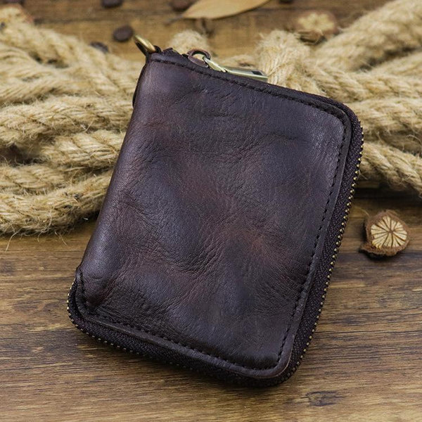 Brown Men Leather Zip Billfold Small Chain Wallet with Coin Pocket Biker Bifold FY00882242