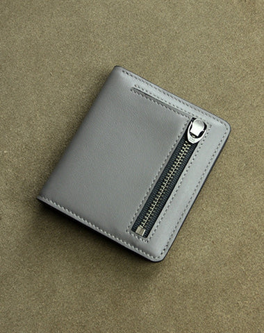 Cute Women Gray Leather Small Bifold Wallet Billfold Wallet with Coin Pocket For Women