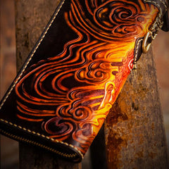 Handmade Leather Mens Tooled Buddha&Demon Chain Biker Wallet Cool Leather Wallet Long Clutch Wallets for Men