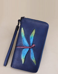 Dragonfly Gray Leather Wristlet Wallets Womens Zip Around Wallet Ladies Zipper Clutch Wallets for Women