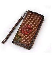 Womens Rose Flower Brown Leather Zip Around Wallet Wristlet Wallet Flower Ladies Zipper Clutch Wallet for Women