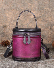 Green Leather Womens Bucket Handbag Barrel Shoulder Bag Crossbody Purse for Ladies
