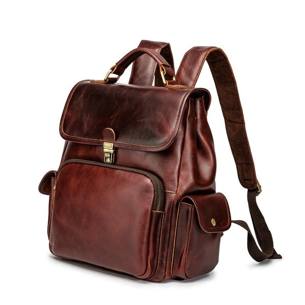 Cool Dark Brown Mens Leather College Backpack Laptop Backpack Red Brown Travel B FY03582118