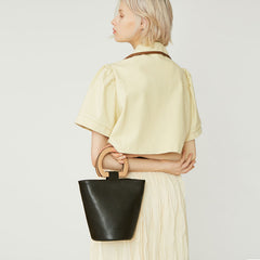 Cute Leather Black Womens Mini Bucket Purse Handbag Barrel Shoulder Bag for Women