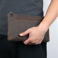 Dark Brown Leather Mens Large Business Wristlet Wallet Bag Zipper Clutch Wallet For Men