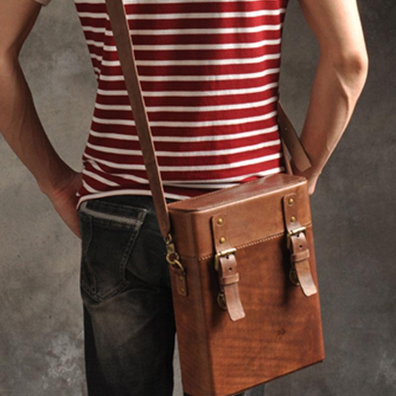 Handmade Vintage Coffee Leather Mens Messenger Bag Box Shoulder Bags f