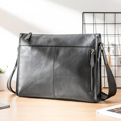 Fashion Black Leather Mens 12 inches Side Bag Messenger Bags Black Postman Bag Courier Bag for Men
