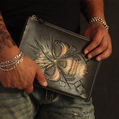 Cool Handmade Tooled Leather Tan Floral Skull Clutch Wallet Wristlet Bag Clutch Purse For Men