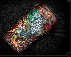 Handmade Leather Tooled Carp Mens Biker Chain Wallet Cool Leather Wallet Long Chain Wallets for Men