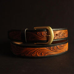 Handmade Vintage Yellow Brown Floral Tooled Leather Mens Belt Carved Leather Belt for Men