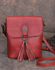 Vintage Small Red Leather Womens Vertical Shoulder Bag With Tassels Handmade Crossbody Purse for Ladies
