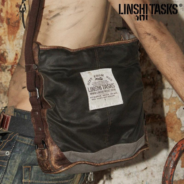 Canvas Leather Mens Gray Black Side Bag - Back View