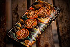 Handmade leather mythical wild animal biker wallet long wallet black leather men phone - EverHandmade