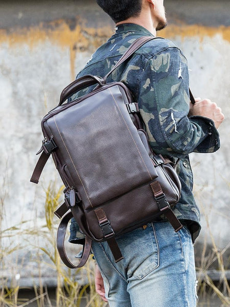 Black Fashion Mens Leather 13-inch Computer Backpacks Travel Backpacks Cool Scho HB03591126
