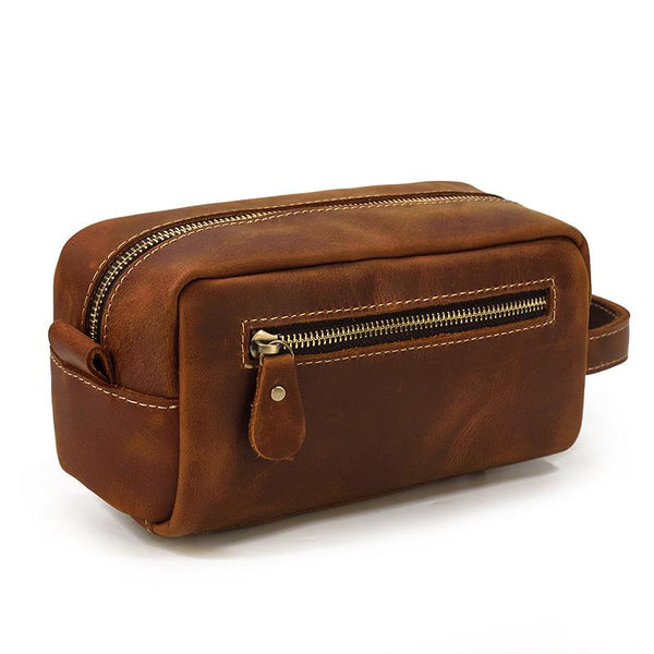 Brown MENS LEATHER ZIPPER CLUTCH WRISTLET PURSE - Back View