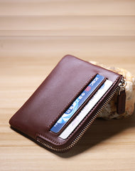 Slim Women Brown Leather Card Wallet Minimalist Zip Billfold Card Holder Wallet Coin Wallet For Women
