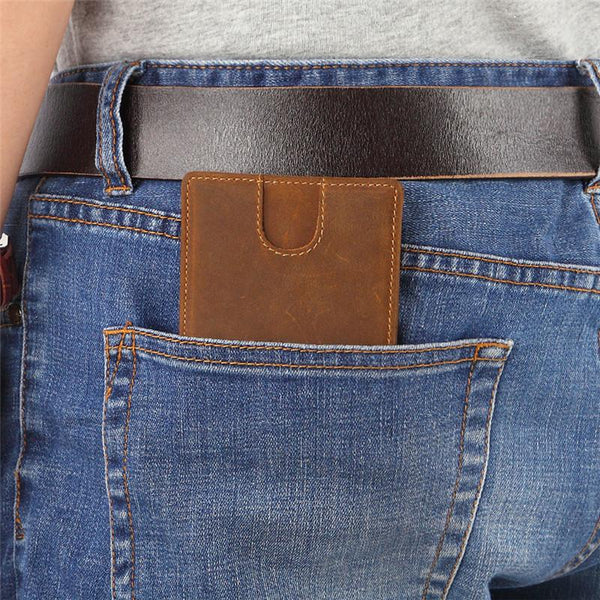 Vintage Brown Leather Men's Slim Small Bifold Wallet Front Pocket billfold Walle FY00581017