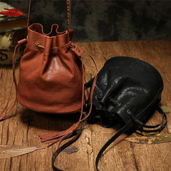 Fashion Leather Brown Bucket Shoulder Bag Barrel Purse With Tassels For Women