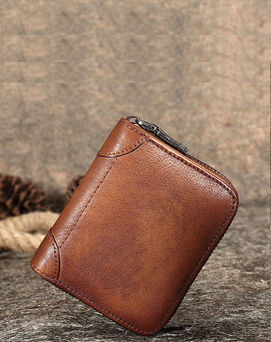 Vintage Women Tan Leather Small Wallet Zip Around Bifold Billfold Wallet with Coin Pocket For Women