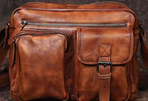 Cool Small Leather Mens Messenger Bag Brown Courier Bag Side Bag Postman Bag for men - EverHandmade