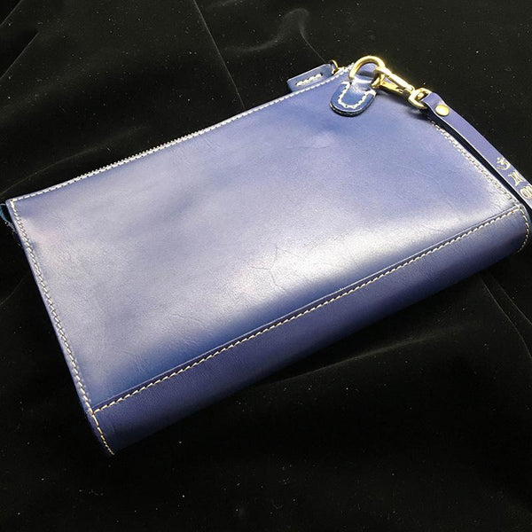 Blue Handmade Tooled Leather Wolf Clutch Wallet Wristlet Bag Clutch Purse For Me TPJP03281014