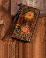 Handmade Floral Black Leather Wristlet Wallet Crocodile Pattern Womens Zip Around Wallets Flowers Ladies Zipper Clutch Wallet for Women