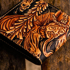 Handmade Leather Chinese Black&White Tooled Small Wallet Mens billfold Wallet Cool Leather Wallet for Men