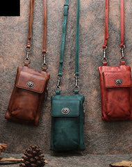 Green Leather Womens Phone Shoulder Bag Small Vertical Side Bag Handmade Crossbody Purse for Ladies