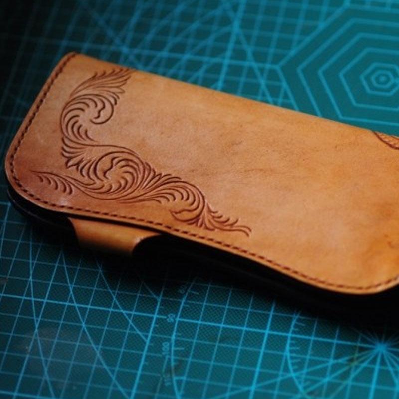 Handmade Mens Tooled Floral Leather Long Biker Wallet Cool Long Chain Wallet for Men