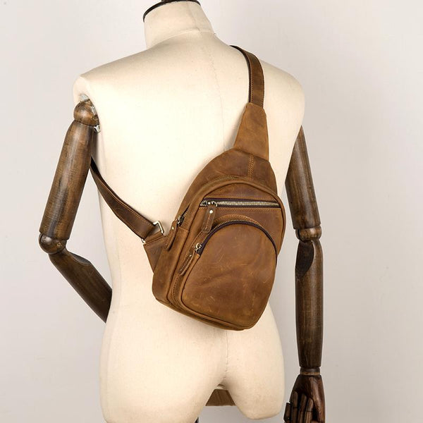 Cool Brown Leather Mens One Shoulder Backpack - Back View