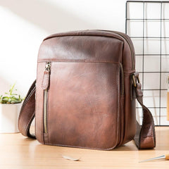 Cool Brown Leather Mens Vertical Side Bag Postman Bag Small Messenger Bags Courier Bag for Men