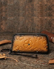 Handmade Brown Womens Clover Leather Long Wallet Zipper Clutch Wristlet Wallet for Women
