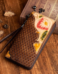 Handmade Flowers Brown Leather Wristlet Wallet Womens Floral Zip Around Wallets Flowers Ladies Zipper Clutch Wallet for Women