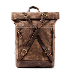 Cool Waxed Canvas Leather Mens 15.6‘’ Black Hiking Backpack Green Travel Backpack for Men