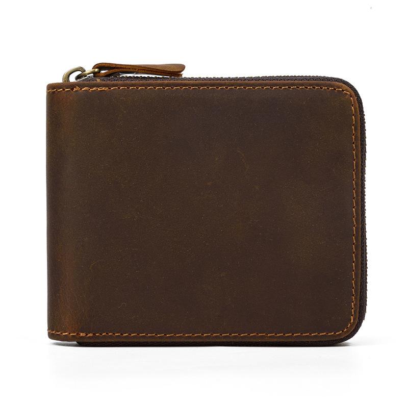 Brown Zip Leather Billfold Wallet for Men Bifold Wallet Vertical Zip Leather Small Wallet For Men