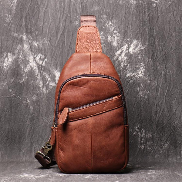 Cool Black Leather Sling Backpack Men's Brown Sling Bag Sling Pack One shoulder FY01582113