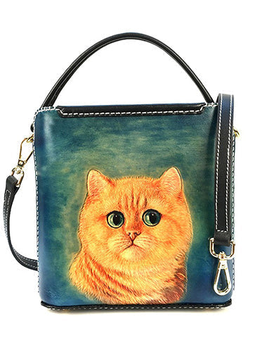 Handmade Womens Tooled Leather Square Handbag Purse Cat Crossbody Bag for Women