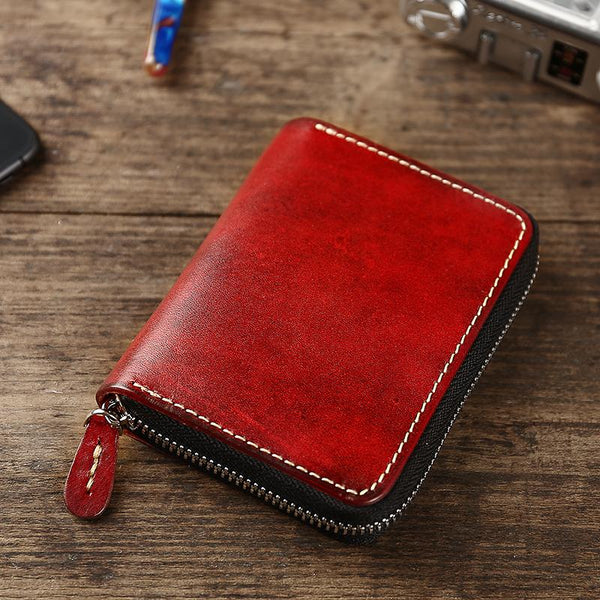 Handmade Cool Mens Leather Zipper Red Small Wallet Green Bifold billfold Wallet CZPY00951011