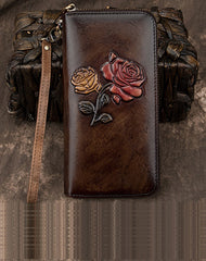 Womens Rose Flowers Leather Wristlet Wallets Zip Around Wallet Flowers Ladies Zipper Clutch Wallet for Women
