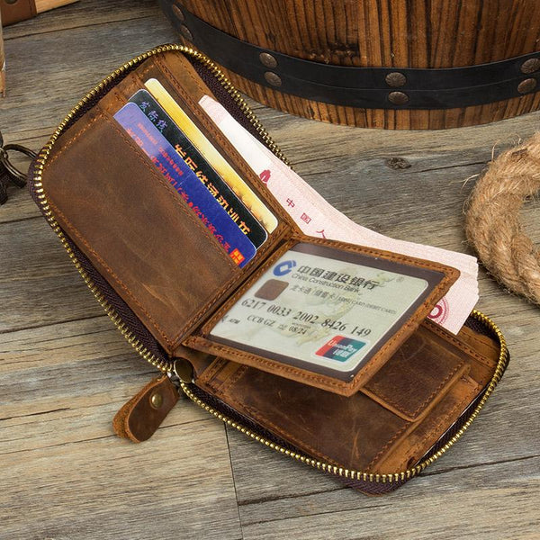 Brown Cool Leather Mens billfold Wallet Zipper - Back View