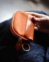 Vintage Women Orange Leather Zip Coin Pouch with Keyring Coin Wallet Change Wallet For Women