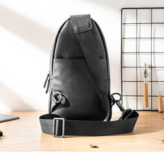 Cool Mens Black Leather 8 inches Chest Bag Sling Black One Shoulder Backpack Sling Backpack for men