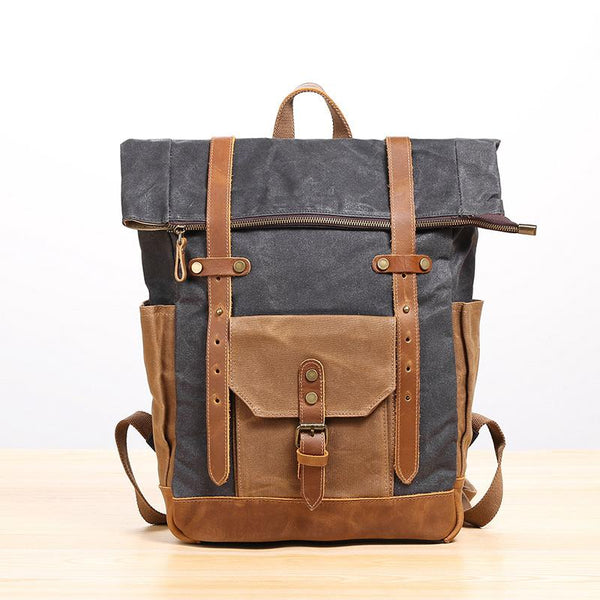Waxed Canvas Leather Mens 17‘’ Lake Green Backpack Khaki Travel Backpack Dark Gr JCYC01991074